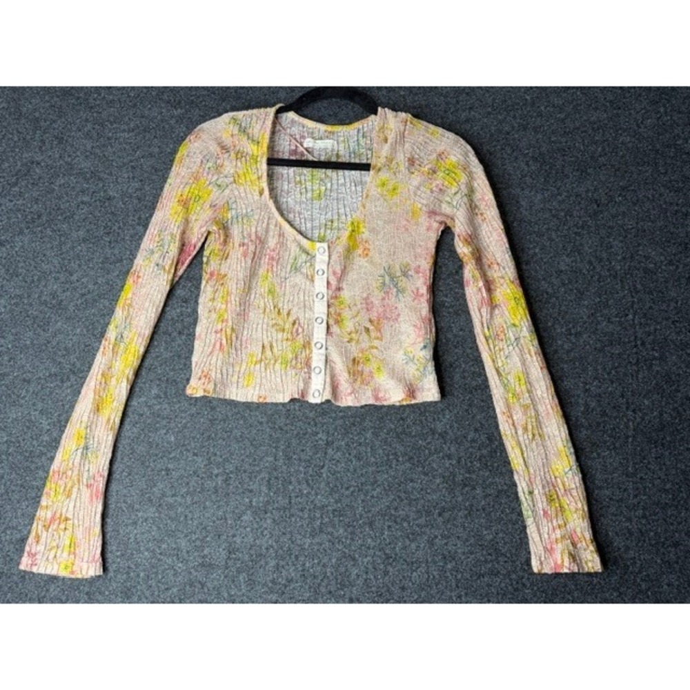 We The Free People Floral Crinkle Mesh Snap Front Cardigan Top Pink Yellow Small